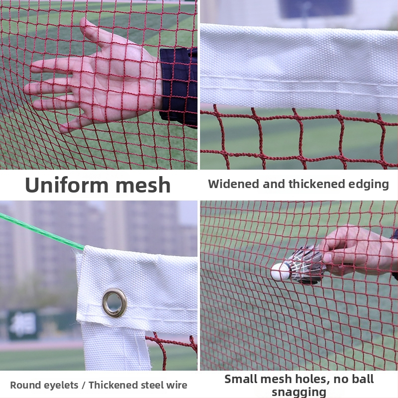 Prenosná sieť na bedminton do interiéru aj exteriéru – štandardné súťažné tréningy; očká siete: 1.8×1.8 cm, 2.0×2.0 cm, 2.5×2.5 cm; šnúrka: PE/nylón; Xu Rui