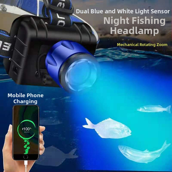 LED fejlámpa kettős fehér–kék LED-del, újratölthető, 120W, 5000mAh, 200–500 m hatótávolság