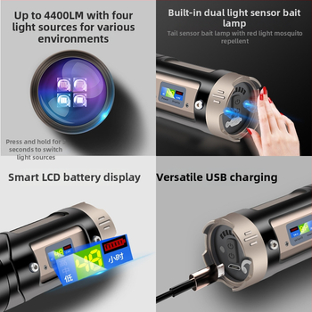 LED horgász lámpa négy fényforrással, zoomolható, 360°-os forgás, vízálló, maximális hatótávolság 200-500 m