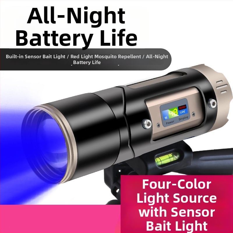 LED horgász lámpa négy fényforrással, zoomolható, 360°-os forgás, vízálló, maximális hatótávolság 200-500 m