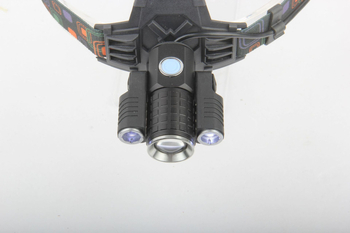 Fejlámpa 3-LED-del, T6 fókusz, USB töltés, 10W, 1800mAh, hatótáv 200–500 m