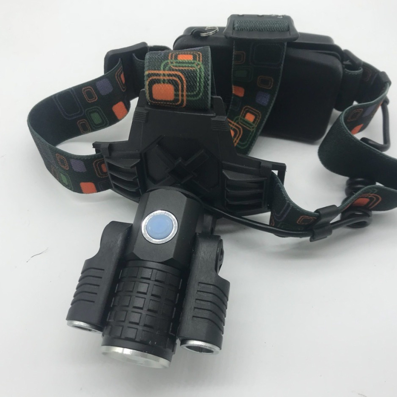 Fejlámpa 3-LED-del, T6 fókusz, USB töltés, 10W, 1800mAh, hatótáv 200–500 m