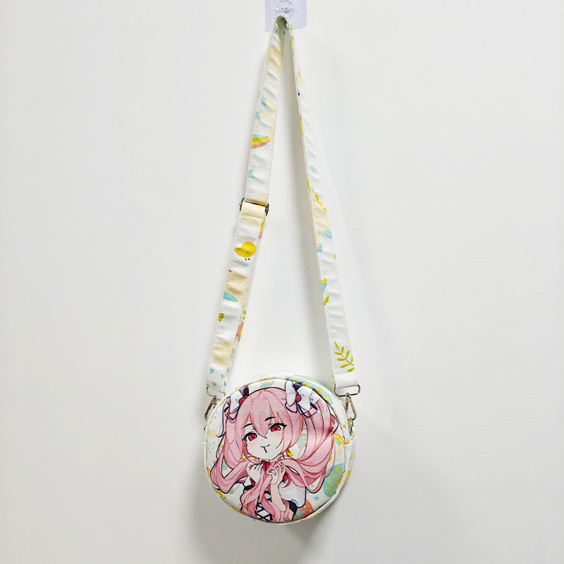 Ženska crossbody torba u japanskom stilu s karikaturama, jacquard platno, okrugli oblik, zatvarač, laminirani unutarnji džep