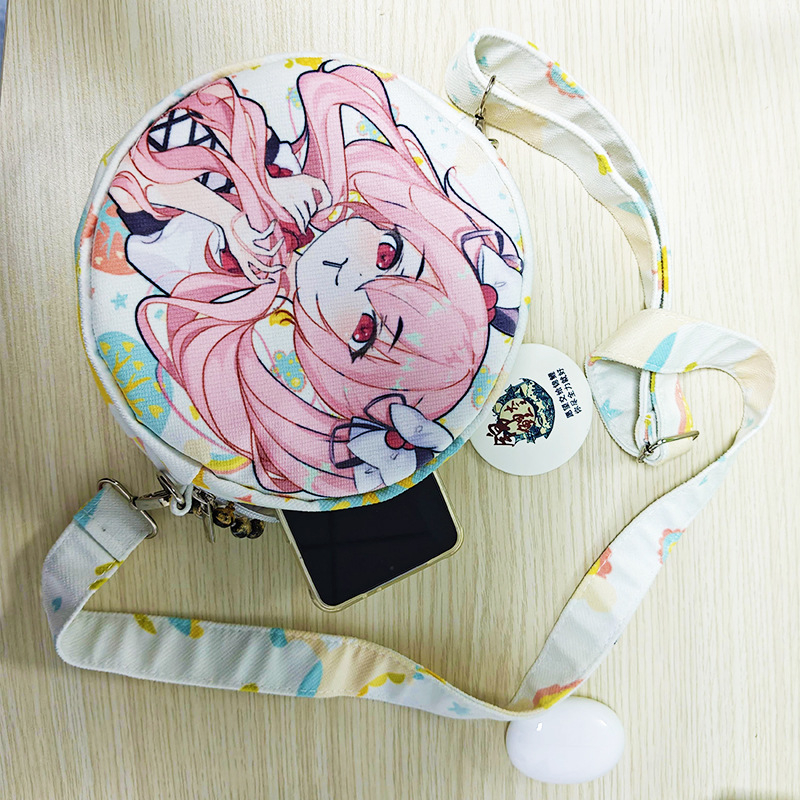 Ženska crossbody torba u japanskom stilu s karikaturama, jacquard platno, okrugli oblik, zatvarač, laminirani unutarnji džep