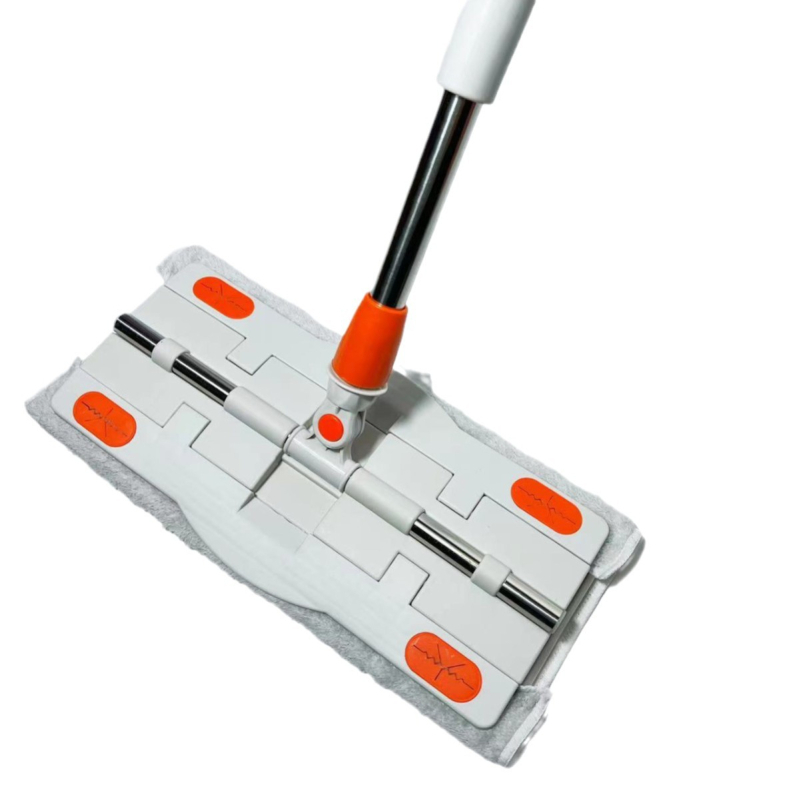 Plokščias mopas su plėveliniu audiniu medinėms grindims — galvutė iš superfininių pluoštų, nerūdijančio plieno kotas, keturkampis vandens suspaudimas, dvigubos pavaros