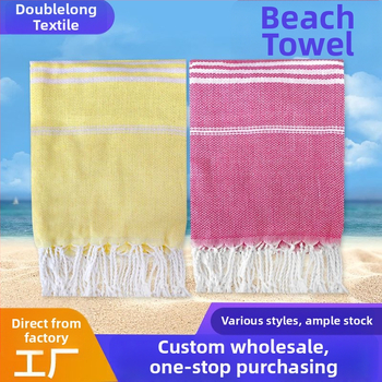 Plážová osuška s strapcami a pruhmi, ochrana proti slnku, polyester-bavlna, 300–400 g, 16 vlákien, plochá väzba