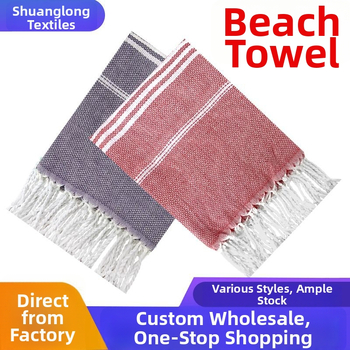 Plážová osuška s strapcami a pruhmi, ochrana proti slnku, polyester-bavlna, 300–400 g, 16 vlákien, plochá väzba