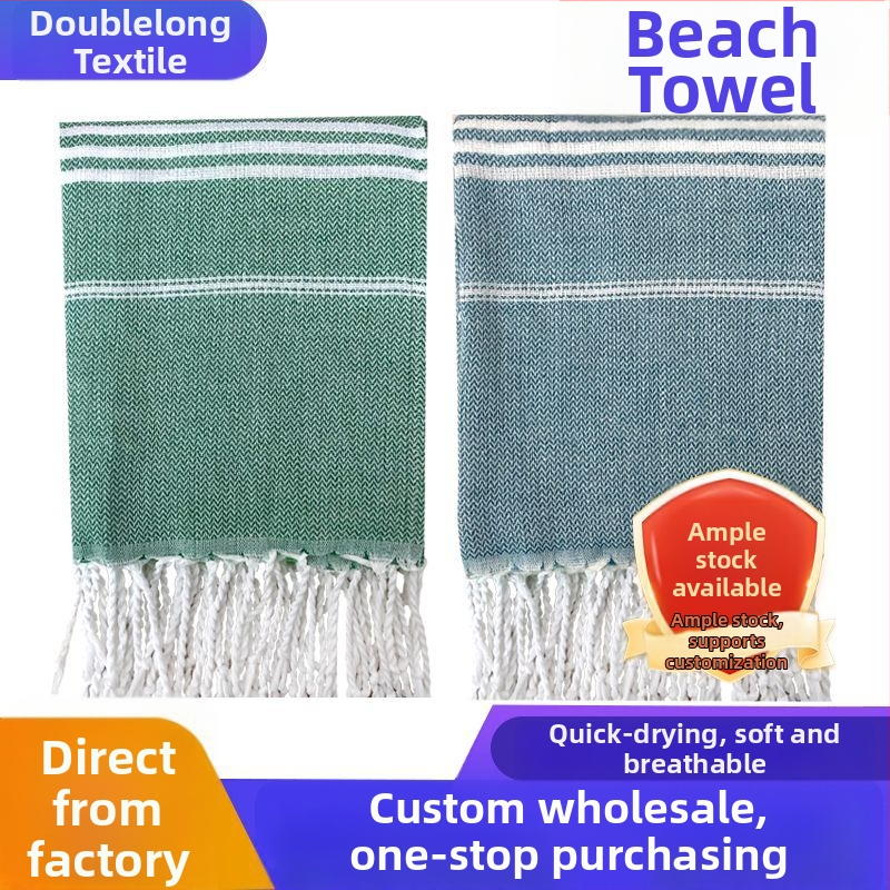 Plážová osuška s strapcami a pruhmi, ochrana proti slnku, polyester-bavlna, 300–400 g, 16 vlákien, plochá väzba