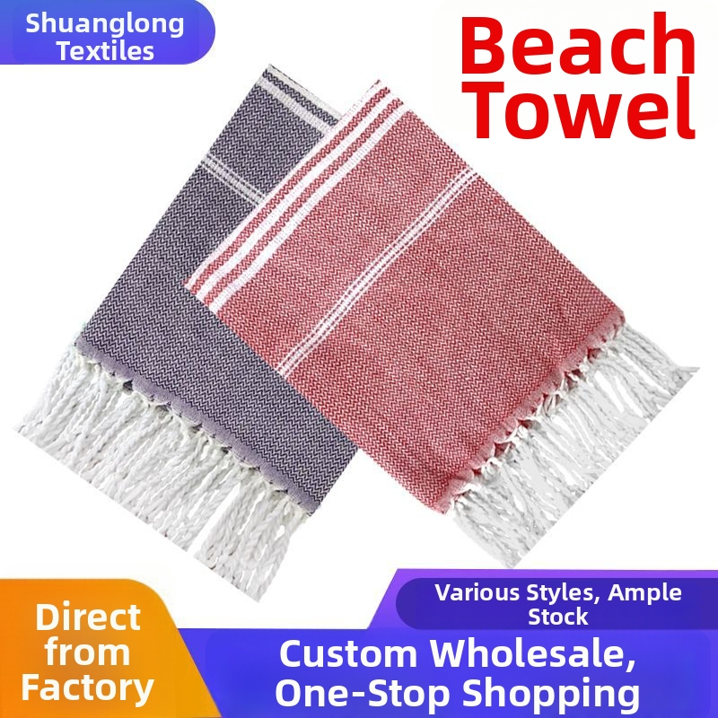 Plážová osuška s strapcami a pruhmi, ochrana proti slnku, polyester-bavlna, 300–400 g, 16 vlákien, plochá väzba