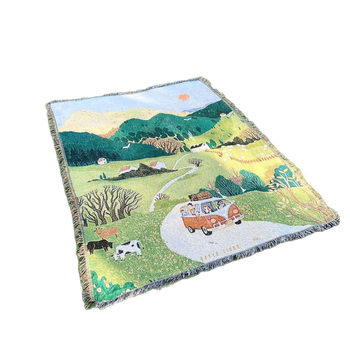 Jacquard tapiserija s karikaturalnim motívom – poliesterova smjesa, 81–90% poliester, strojno tkanje, pranje u stroju, pravokutni oblik