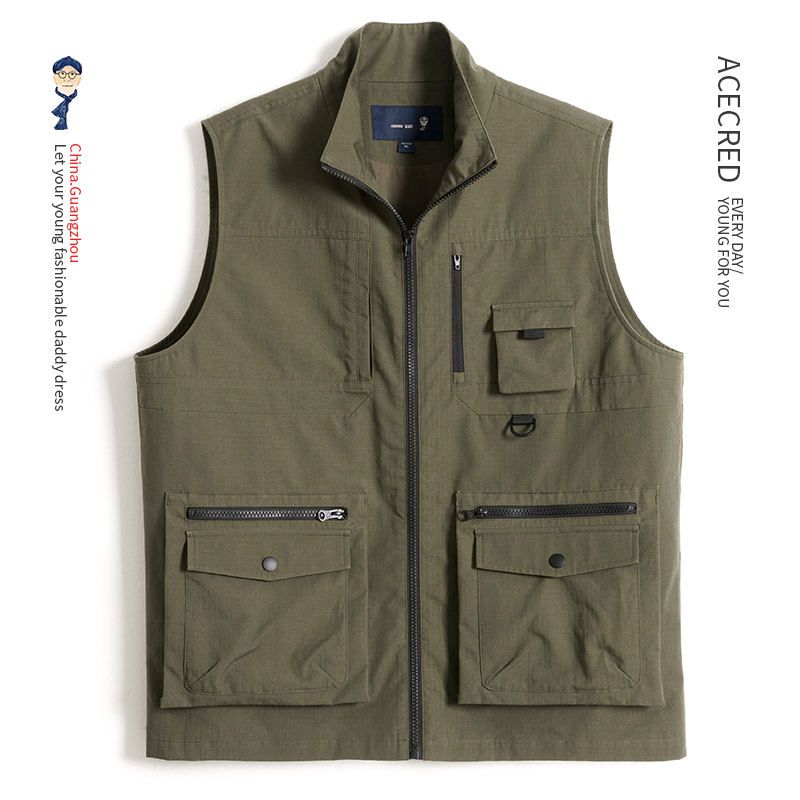 Памучен мъжки жилет с качулка и цип, свободна кройка, стойкова яка, множество джобове