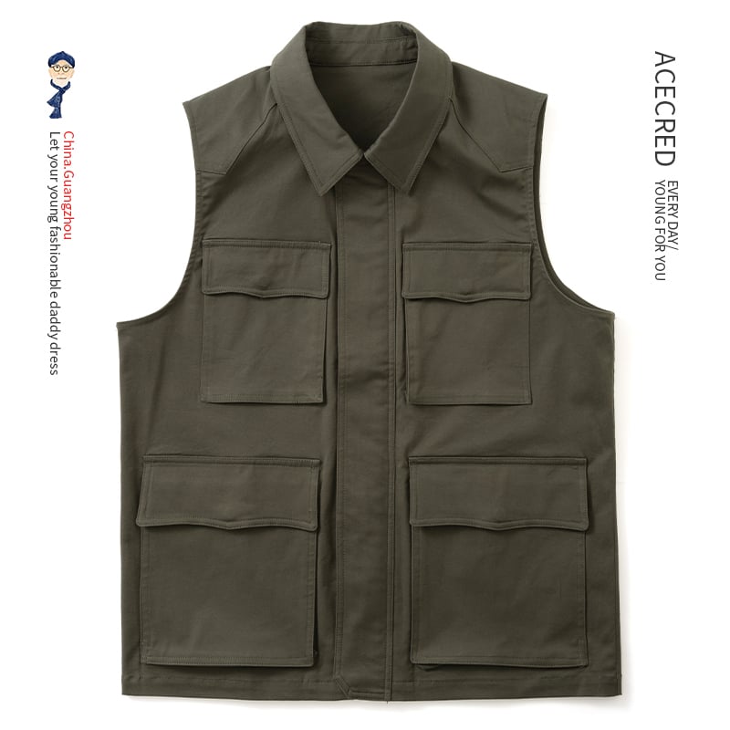 Памучен мъжки жилет с качулка и цип, свободна кройка, стойкова яка, множество джобове