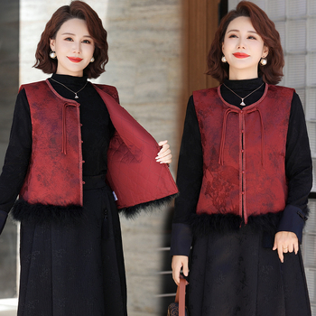 Винтидж жилетка в китайски стил с жакардов флорален мотив, кръгло деколте, свободна кройка, полиестер