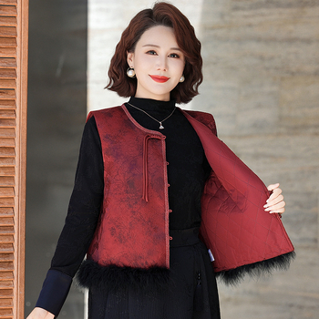 Винтидж жилетка в китайски стил с жакардов флорален мотив, кръгло деколте, свободна кройка, полиестер