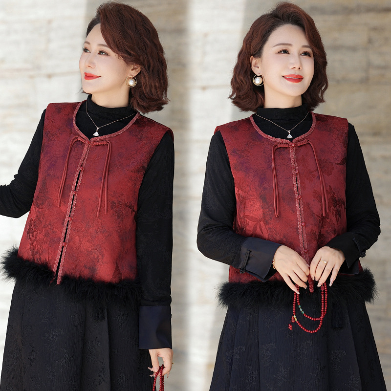 Винтидж жилетка в китайски стил с жакардов флорален мотив, кръгло деколте, свободна кройка, полиестер