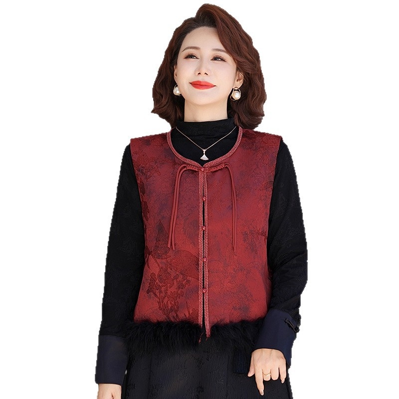 Винтидж жилетка в китайски стил с жакардов флорален мотив, кръгло деколте, свободна кройка, полиестер