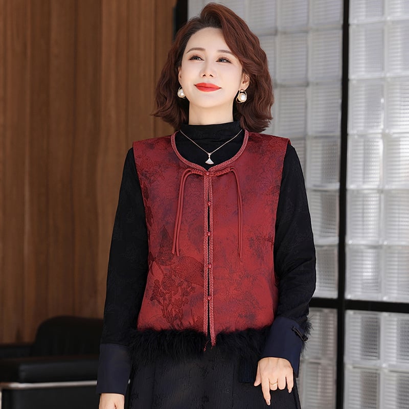 Винтидж жилетка в китайски стил с жакардов флорален мотив, кръгло деколте, свободна кройка, полиестер