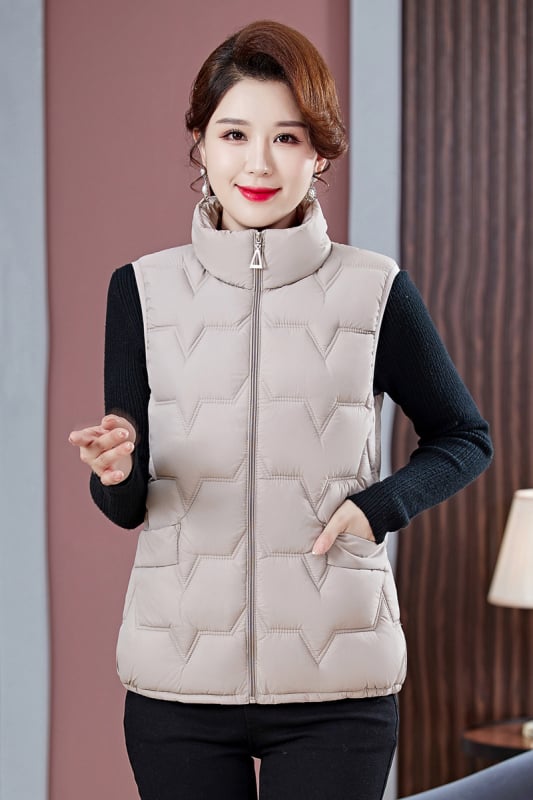 Dámska vesta zo spandexu s výplňou z imitovaného hodvábu a bavlny, zips, stojatý golier