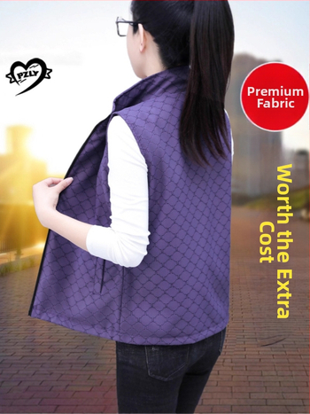 Дамска реверсивна жилетка със стояща яка, преден цип, геометричен принт, полиестерна тъкан