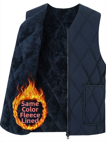 Мъжка памучна жилетка с флийсова подплата, дебела, качулка, V-образно деколте, цип, джобове с патч дизайн