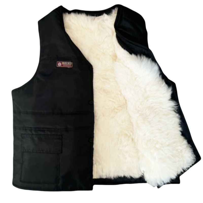 Мъжки жилет от зайчи пух и кадифено платно, с качулка, V-образно деколте, ивици