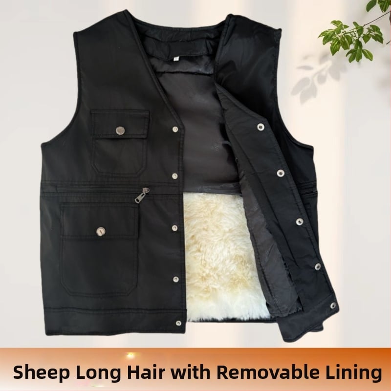 Мъжки жилет от зайчи пух и кадифено платно, с качулка, V-образно деколте, ивици