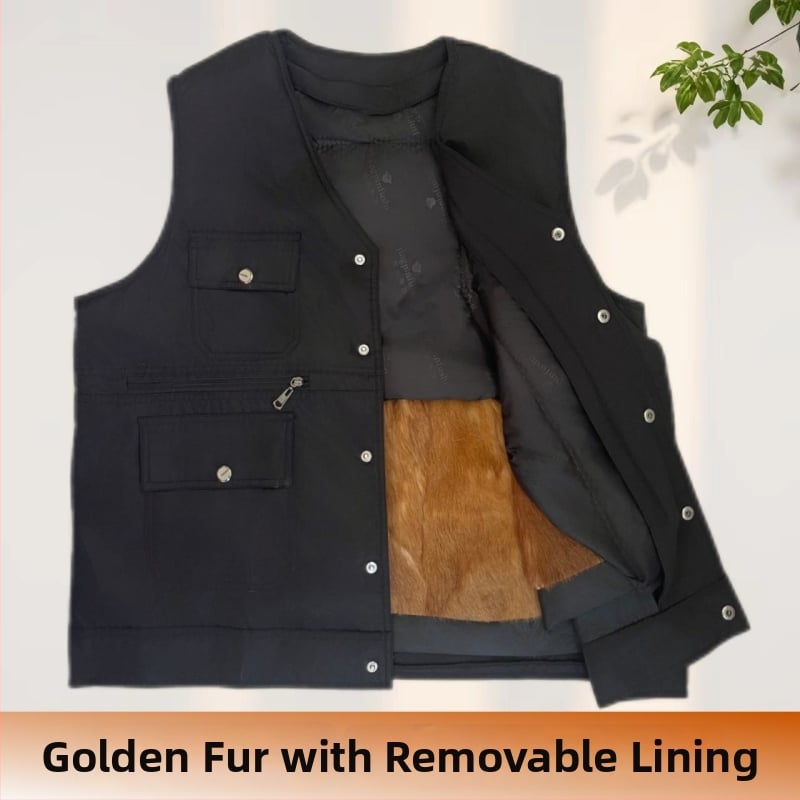 Мъжки жилет от зайчи пух и кадифено платно, с качулка, V-образно деколте, ивици