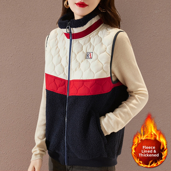 Женска жилетка със стояща яка, удебелена за зима, памук, патчворк, цип
