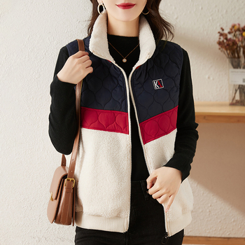 Женска жилетка със стояща яка, удебелена за зима, памук, патчворк, цип