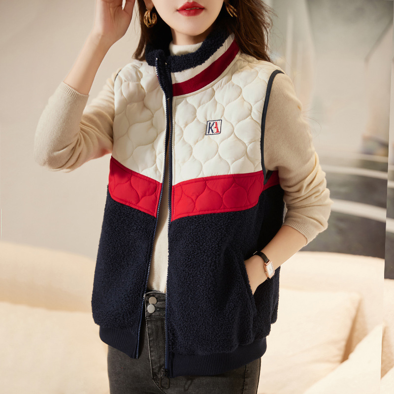 Женска жилетка със стояща яка, удебелена за зима, памук, патчворк, цип
