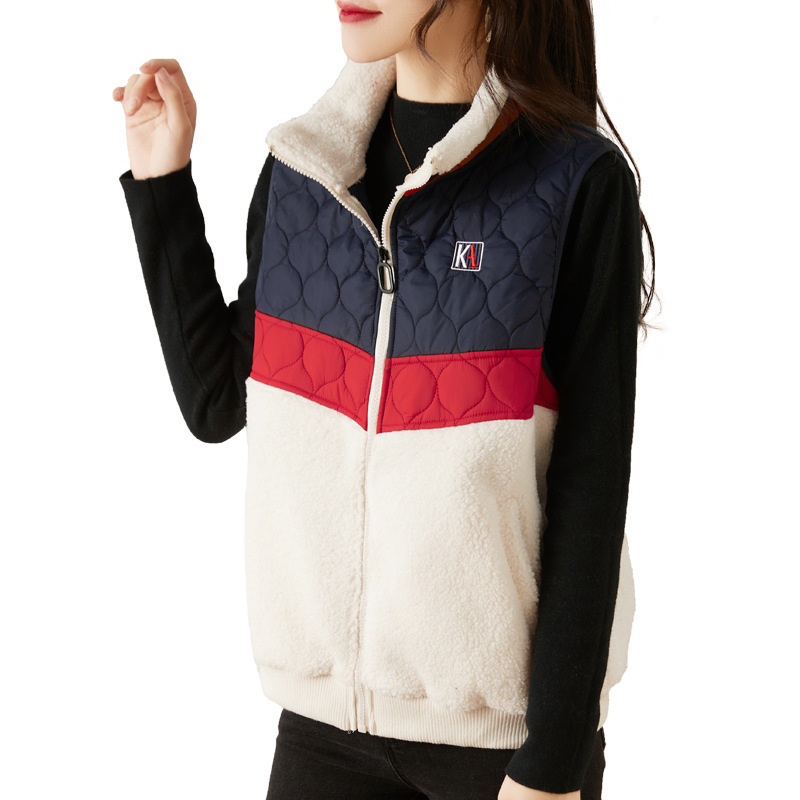 Женска жилетка със стояща яка, удебелена за зима, памук, патчворк, цип