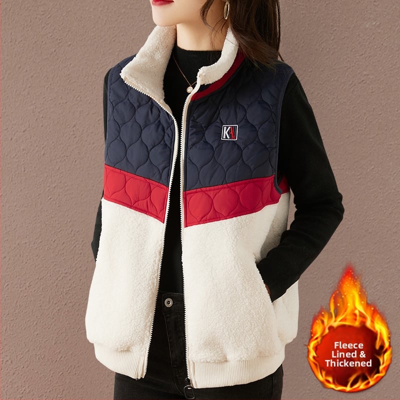 Женска жилетка със стояща яка, удебелена за зима, памук, патчворк, цип