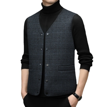 Мъжка вълнена пухена жилетка с каре, V-образно деколте, свободен силует, без ръкави, зимно облекло