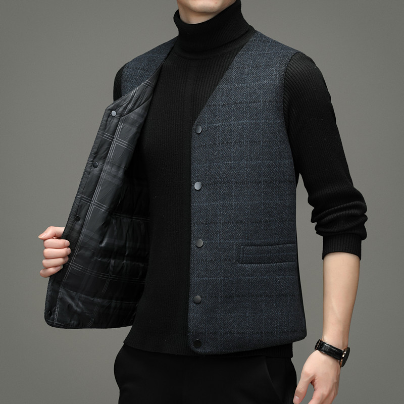 Мъжка вълнена пухена жилетка с каре, V-образно деколте, свободен силует, без ръкави, зимно облекло