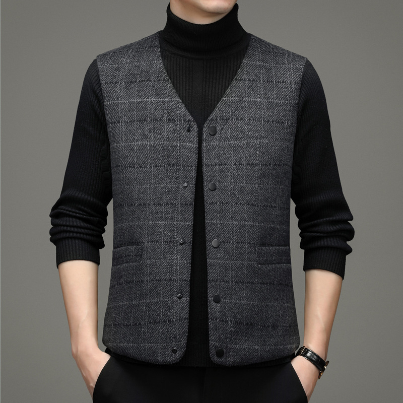 Мъжка вълнена пухена жилетка с каре, V-образно деколте, свободен силует, без ръкави, зимно облекло