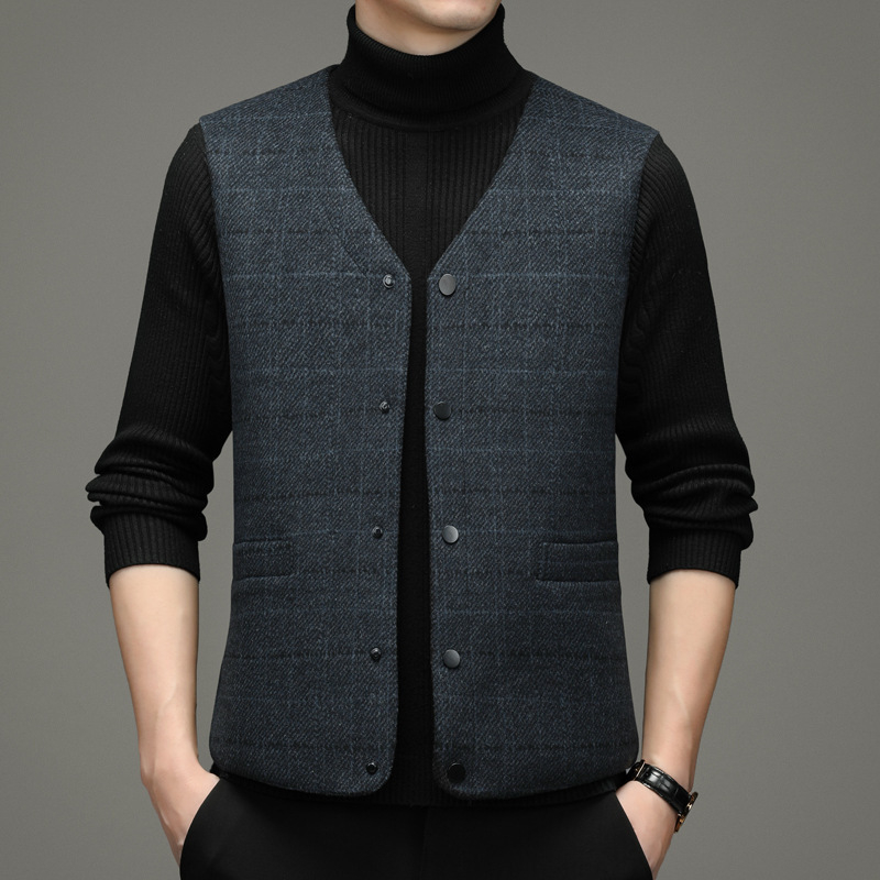 Мъжка вълнена пухена жилетка с каре, V-образно деколте, свободен силует, без ръкави, зимно облекло