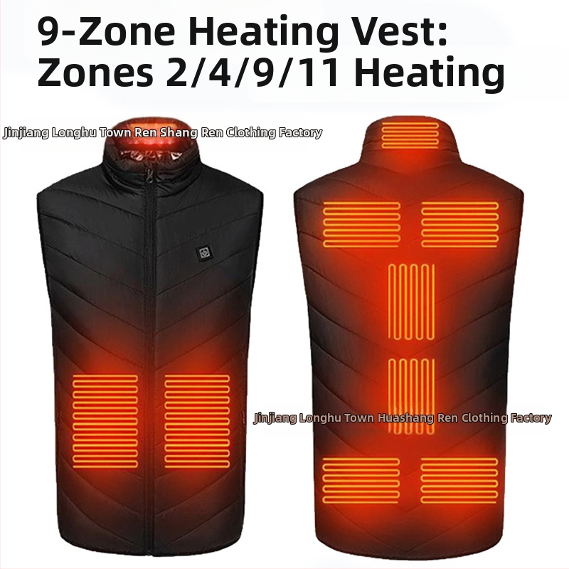 Мъжки нагревателен елек за зима, девет-зонно отопление, три нива на температура, водоустойчив цип, полиестрово-смесен плат, подплата полиестер, странични джобове (девет-зонно отопление; три нива на температура; водоустойчив цип; полиестрово-смесен плат)