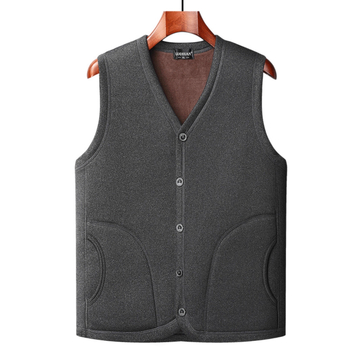 Мъжка жилетка с плюшено подплатяване, топла и квилтирана, V-образно деколте, едноредово копчане, странични джобове
