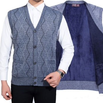 Мъжки плетен жилет с флисово подплънение и заешка козина, V‑образно деколте, райета quilt дизайн, джобове с патч‑джобове, ленена подплата, зимен модел