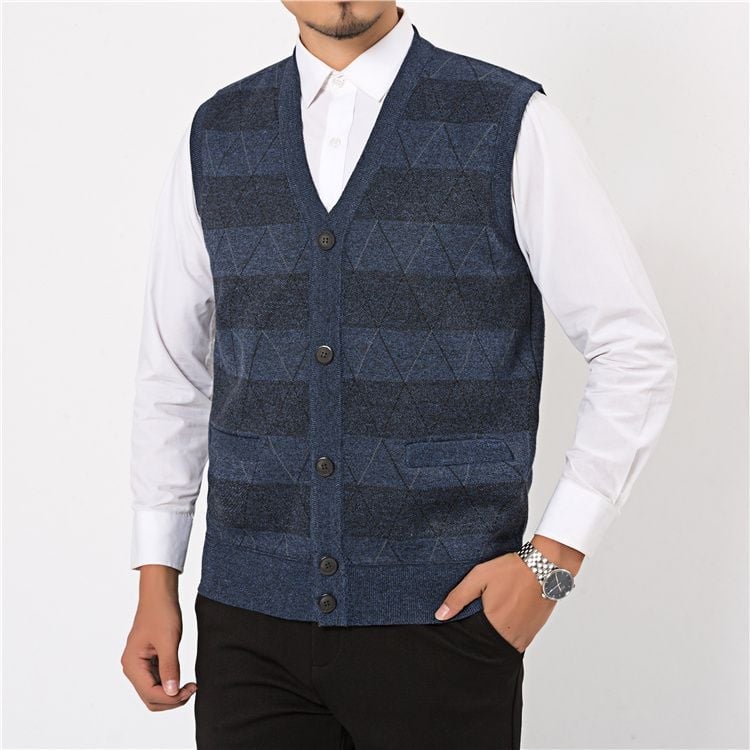 Мъжки плетен жилет с флисово подплънение и заешка козина, V‑образно деколте, райета quilt дизайн, джобове с патч‑джобове, ленена подплата, зимен модел