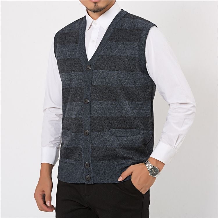 Мъжки плетен жилет с флисово подплънение и заешка козина, V‑образно деколте, райета quilt дизайн, джобове с патч‑джобове, ленена подплата, зимен модел