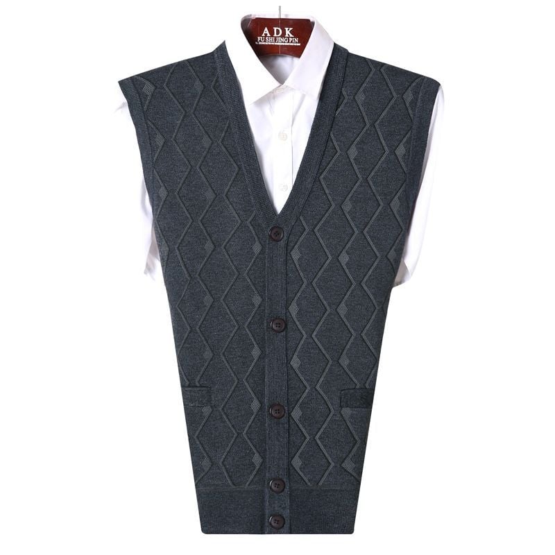 Мъжки плетен жилет с флисово подплънение и заешка козина, V‑образно деколте, райета quilt дизайн, джобове с патч‑джобове, ленена подплата, зимен модел