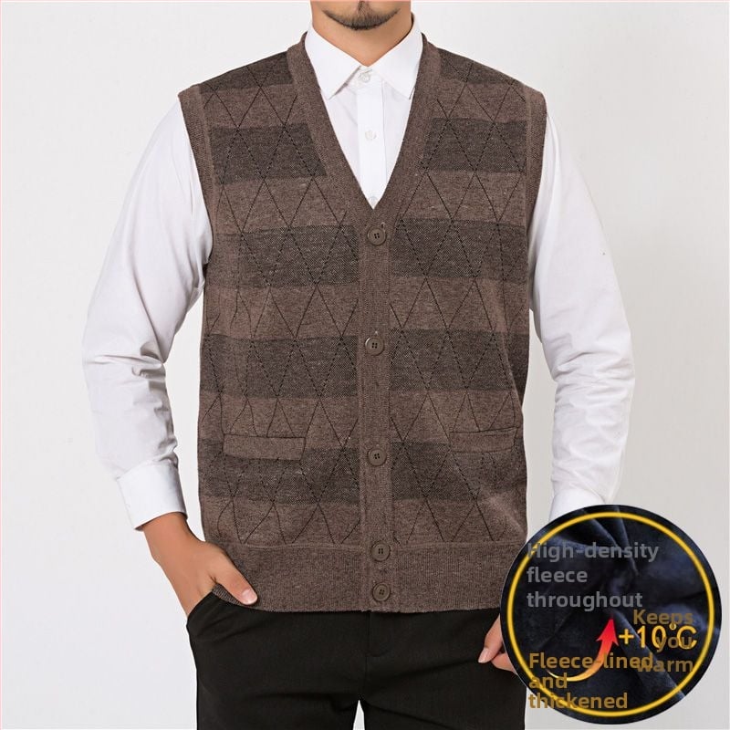 Мъжки плетен жилет с флисово подплънение и заешка козина, V‑образно деколте, райета quilt дизайн, джобове с патч‑джобове, ленена подплата, зимен модел