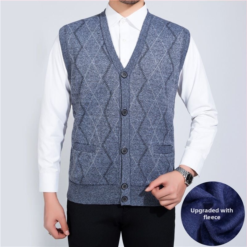 Мъжки плетен жилет с флисово подплънение и заешка козина, V‑образно деколте, райета quilt дизайн, джобове с патч‑джобове, ленена подплата, зимен модел