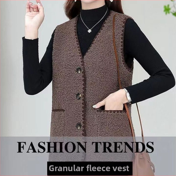 Много къса жилетка от агнешка вълна за възрастни жени, V-образно деколте, едно копче, основна материя rayon, пълнител вълна