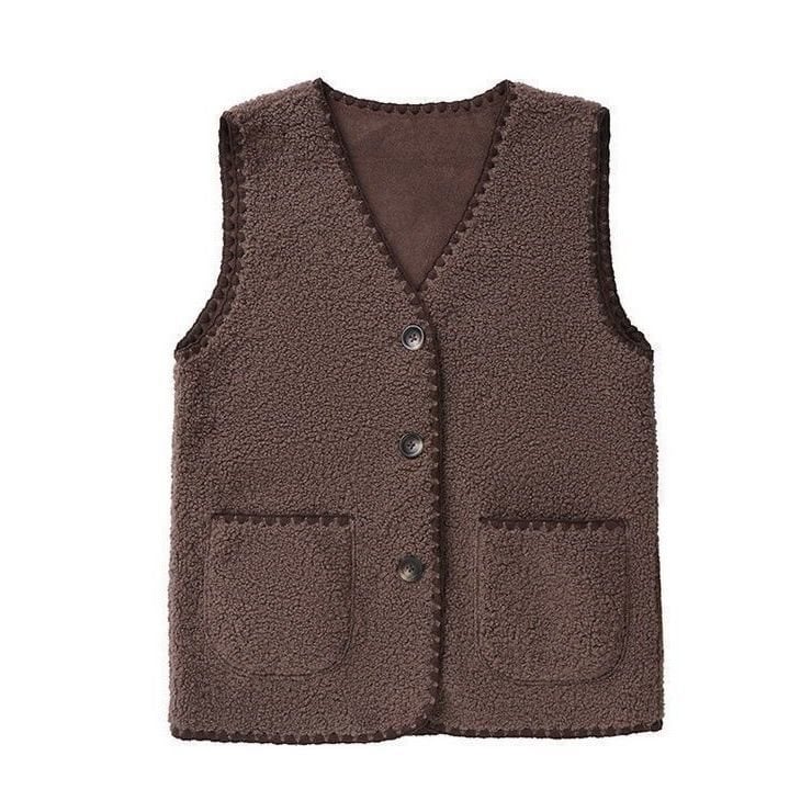 Много къса жилетка от агнешка вълна за възрастни жени, V-образно деколте, едно копче, основна материя rayon, пълнител вълна