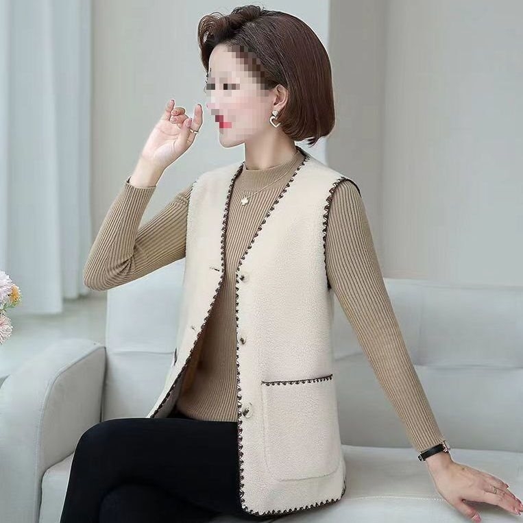 Много къса жилетка от агнешка вълна за възрастни жени, V-образно деколте, едно копче, основна материя rayon, пълнител вълна