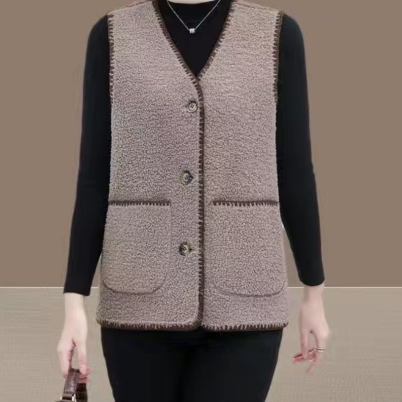 Много къса жилетка от агнешка вълна за възрастни жени, V-образно деколте, едно копче, основна материя rayon, пълнител вълна