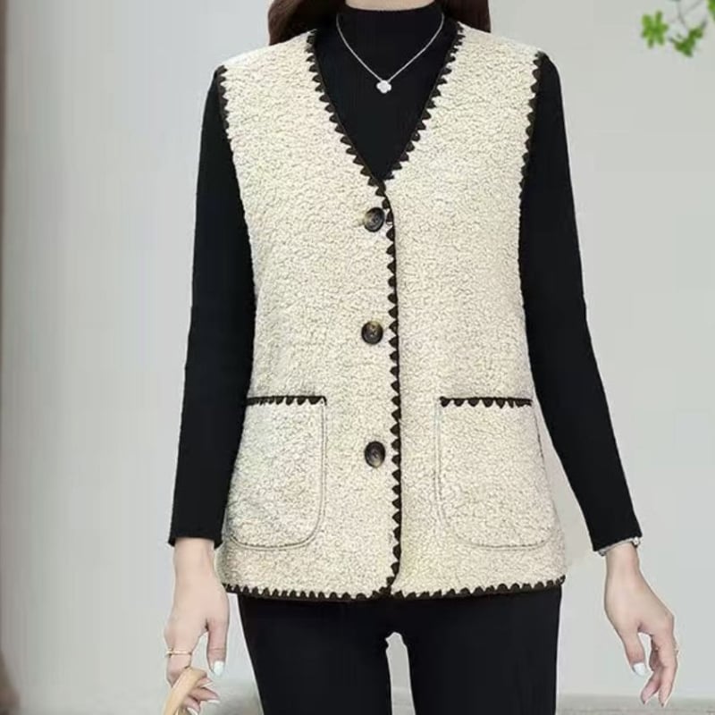 Много къса жилетка от агнешка вълна за възрастни жени, V-образно деколте, едно копче, основна материя rayon, пълнител вълна