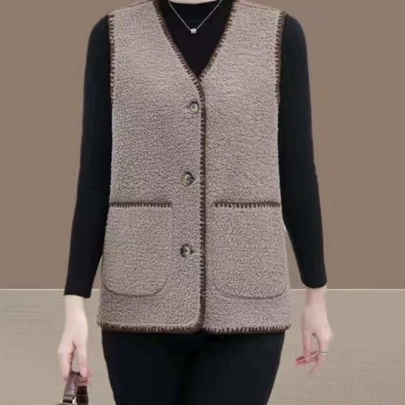 Много къса жилетка от агнешка вълна за възрастни жени, V-образно деколте, едно копче, основна материя rayon, пълнител вълна